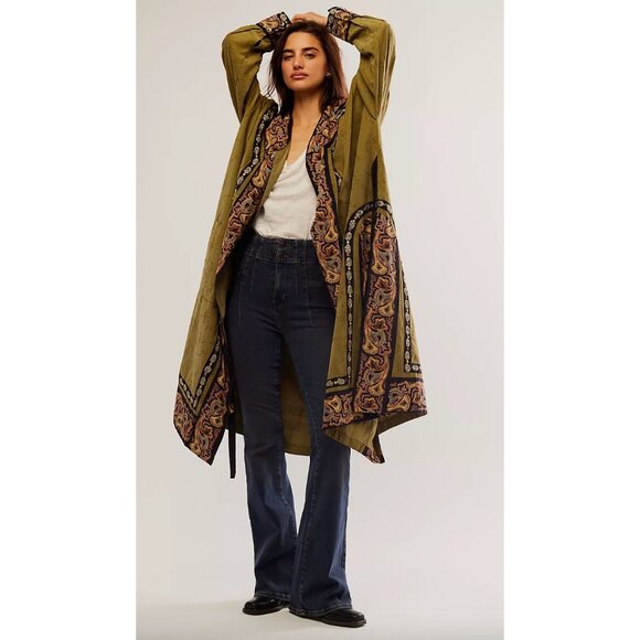 Free People $398 Bali Somerset Long Duster Size XS Small Festival  Olive Green - Picture 2 of 8